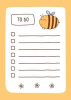 To do list template decorated by kawaii bee and flowers. Cute design of schedule, daily planner or checklist. Vector hand-drawn illustration. Perfect for planning, notes and self-organization.