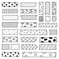 Set of washi tape strips with various cute designs isolated on white background. Scotch paper sticker. Vector hand-drawn illustration in doodle style. Perfect for cards, decorations.