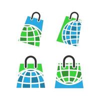 Shopping bag logo with globe world vector illustration. Shopping bag icon. Global marketing symbol.