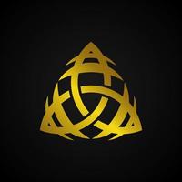 Trinity vector logo. A Wiccan symbol for protection. Vector golden Celtic trinity knot set isolated on black background. Wiccan divination symbol, ancient occult sign