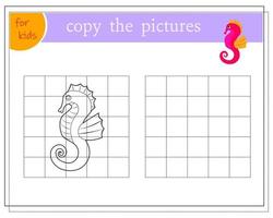 Copy the picture, educational games for children, cartoon seahorse. vector