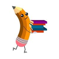 A happy cartoon pencil is running with books in his hands. The humanized funny pencil is smiling. vector