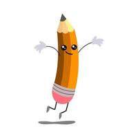A happy cartoon pencil jumps up and rejoices. The humanized funny pencil is smiling vector