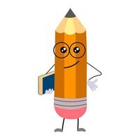 A happy cartoon pencil stands with a book and glasses. The humanized funny pencil is smiling. vector