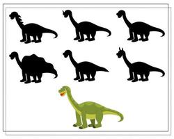 Children's logic game find the right shadow, cute cartoon dinosaur. vector