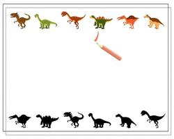 Children's logic game find the right shadow, cute cartoon dinosaur. vector