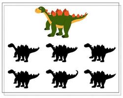 Children's logic game find the right shadow, cute cartoon dinosaur. vector