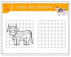 Copy the picture, educational games for children, cartoon cow. vector