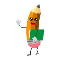 Happy cartoon pencil with a notebook in his hands. The humanized funny pencil is smiling. vector