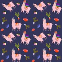 Cute seamless pattern of llama and cacti. Vector illustration on a blue background.