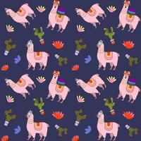 Cute seamless pattern of llama and cacti. Vector illustration on a blue background.