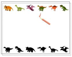 Children's logic game find the right shadow, cute cartoon dinosaur. vector