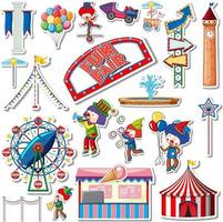 Sticker set of amusement park objects and cartoon characters vector