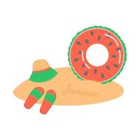 Hello summer set of elements on sand, vector illustration