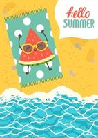 Hello summer colorful postcard, flat design vector illustration