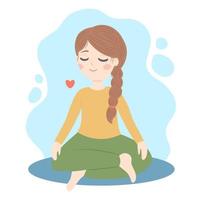 Girl sitting on a floor in meditation, relax yoga practice, vector illustration