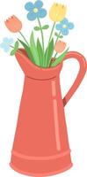 Watering can with flower, plant, tree and sprout. Vector illustration for postcards and stickers