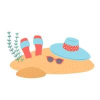 Hello summer set of elements on sand, vector illustration