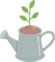 Watering can with flower, plant, tree and sprout. Vector illustration for postcards and stickers