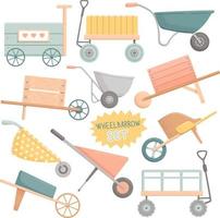 Spring set of wheelbarrows, wooden, different colors, flat design vector illustration