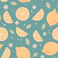 Lemon seamless pattern with flowers and leaves, vector illustration