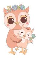 Mothers Day owl mother and daughter, vector illustration