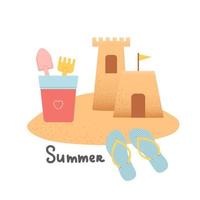 Hello summer set of elements on sand, vector illustration