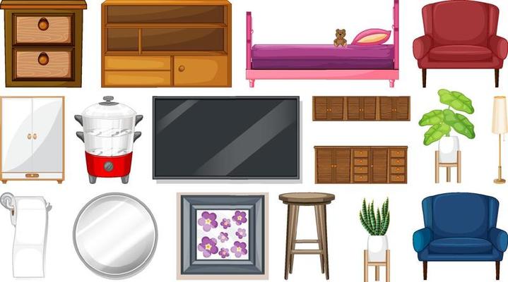 Furniture and household appliances on white background