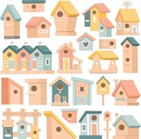 Spring set of wooden colorful birdhouses, flat design vector illustration