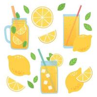 Lemon summer set with lemonade and ice in different glasses, flat design vector illustration