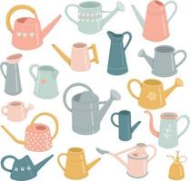 Spring set of watering cans in different colors, vector illustration