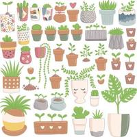 Spring set of green plants in flower pots, vector illustration