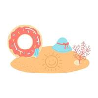 Hello summer set of elements on sand, vector illustration
