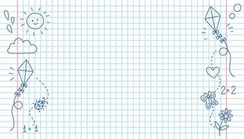 Simple background with checkered notebook and pen doodles, vector illustration for school