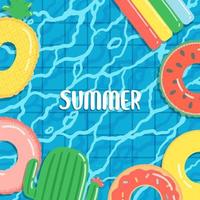 Hello summer banner vector illustration, rubber ring floating on water in swimming pool