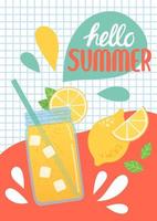 Hello summer colorful postcard, flat design vector illustration