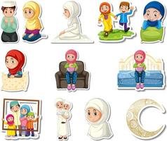 Sticker set of Islamic religious symbols and cartoon characters vector