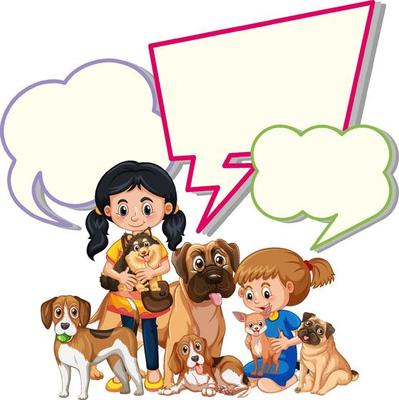 Speech bubble template with girls and pets