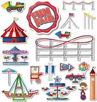 Sticker set of amusement park objects and cartoon characters vector