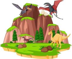 escena con dinosaurios en el bosque vector