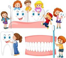 conjunto de niños felices con equipo de limpieza dental sobre fondo blanco vector