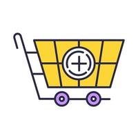 Shop trolley yellow color icon. Adding products to basket in internet store. Shopping equipment for buying goods. Merchandise and consumerism. Ordering service. Isolated vector illustration