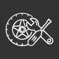 Auto parts chalk icon. Car mechanic. Wheel and instruments. Repair service maintenance concept. E commerce department, online shopping categories. Isolated vector chalkboard illustration