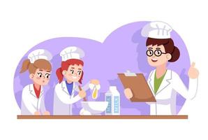 Culinary school for kids flat vector illustration. Extracurricular activity. Chef reading recipe, girls mixing products. Mom teaching daughters to cook cartoon characters
