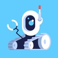 Robotic tracked car flat vector illustration. Droid vehicle with manipulator on remote control. Cybernetic assistant. Smart android device. Isolated cartoon toy on blue background