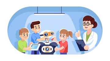 Robotics courses for children flat vector illustration. Engineering, computer science for kids. After school club. Boys and girl assembling, programming robot, teacher approving cartoon characters