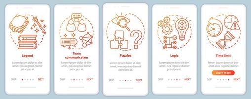 Escape room red gradient onboarding mobile app page screen with linear concepts. Quest game. Team communication. Walkthrough steps graphic instructions. UX, UI, GUI vector template with illustrations