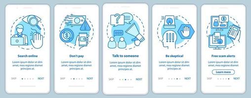 Scam prevention onboarding mobile app page screen with linear concepts. Five walkthrough steps graphic instructions. Free scam alerts. Search online. UX, UI, GUI vector template with illustrations