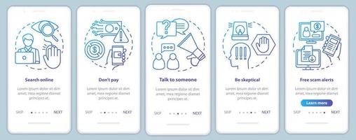 Scam prevention onboarding mobile app page screen vector template. Search online. Walkthrough website steps with linear illustrations. UX, UI, GUI smartphone interface concept