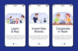 Robotics courses onboarding mobile app screen vector template. Kids and adults in science club. Walkthrough website steps with flat characters. UX, UI, GUI smartphone cartoon interface concept